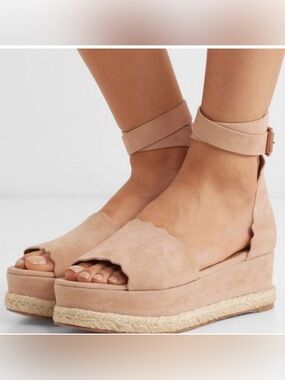 Chloe Beige Suede Scalloped Trim Lauren Ankle Wrap Flatform Espadrille Sandals